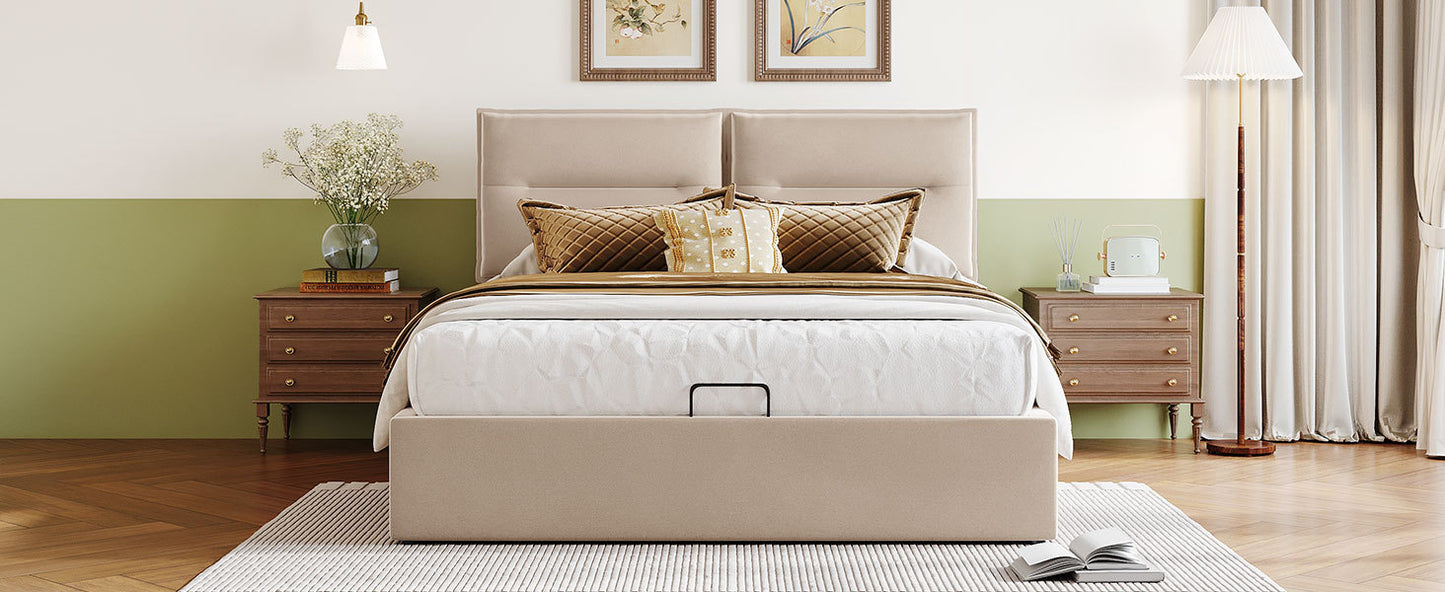 Upholstered Platform bed with a Hydraulic Storage System, Queen size, Beige