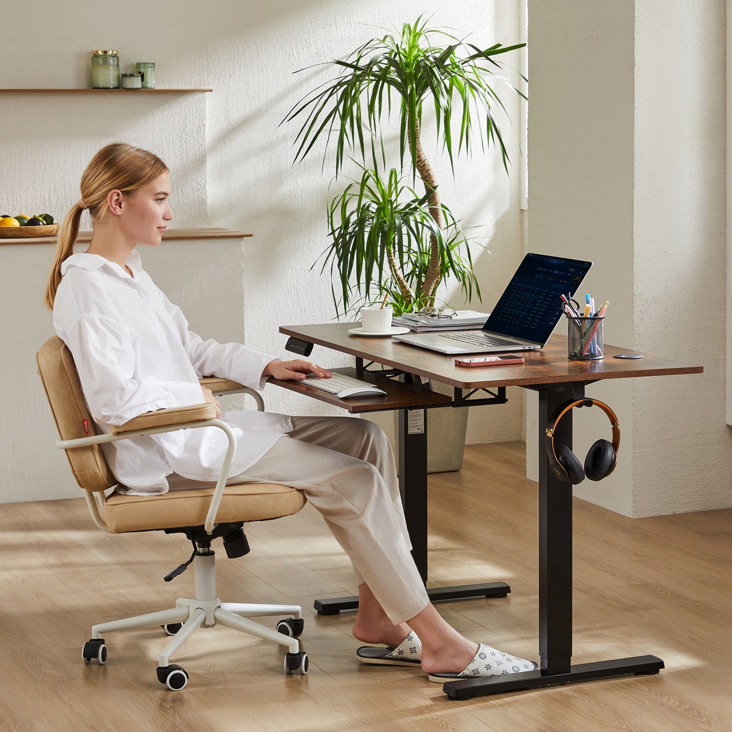 Adjustable Electric Standing Desk with Keyboard Tray - 55 x 24 Inches, Rustic Brown