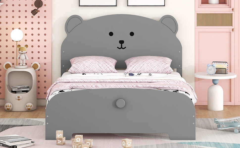 Full Size Wood Platform Bed with Bear-shaped Headboard and Footboard,Gray