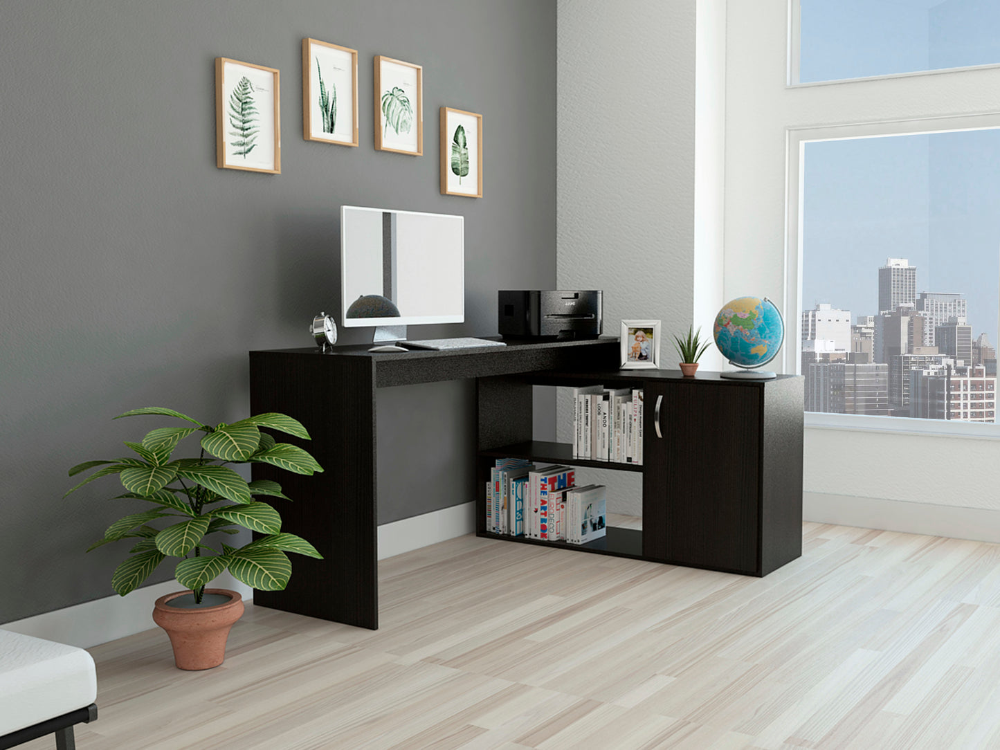 Sleek Black L-Shaped Office Desk with Generous Storage