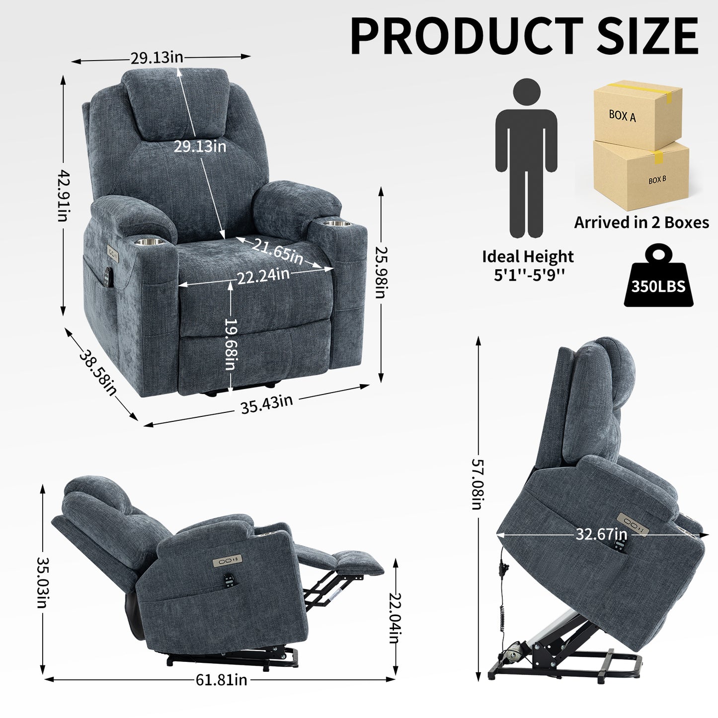 Blue Chenille Power Lift Recliner Chair with Massage and Lumbar Heating