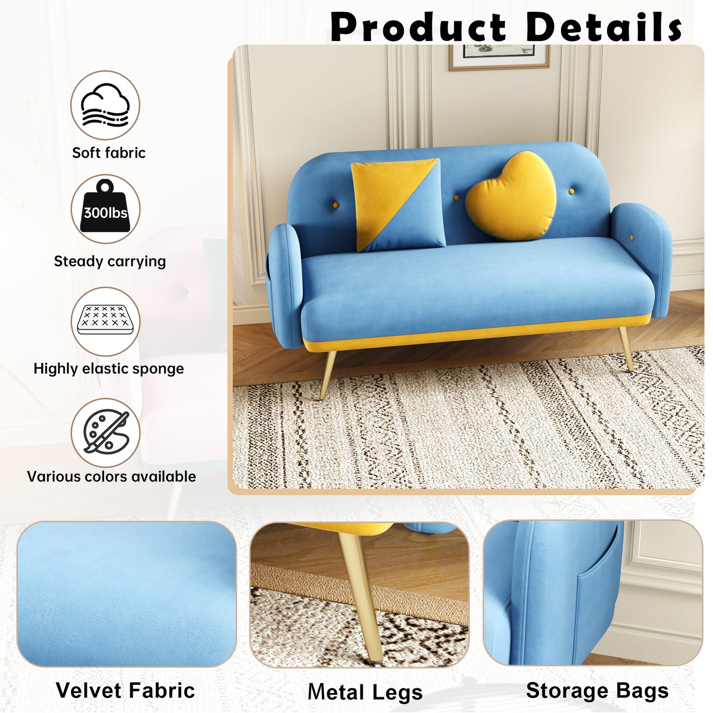 Blue Velvet Space-Saving Sofa with Throw Pillows - 58 Compact Design