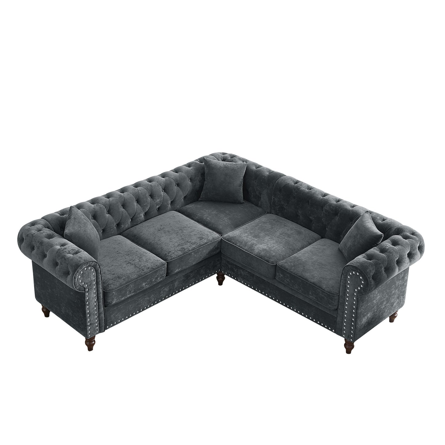 MH 80 Deep Button Tufted Upholstered Grey Velvet L-shaped Sofa with 3 Pillows and Solid Wood Gourd Legs