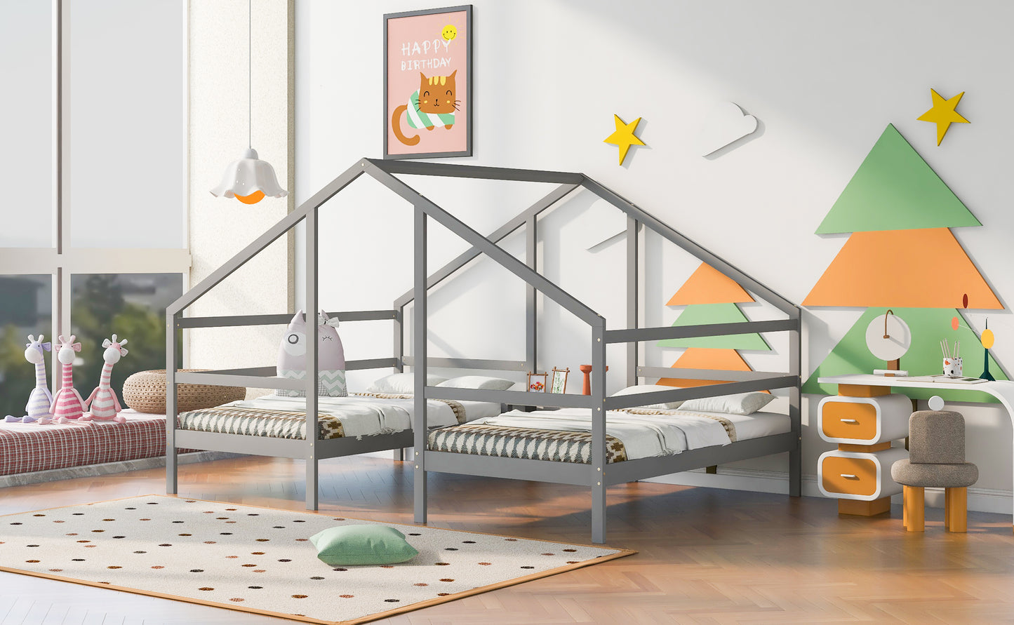 Double Twin Size Triangular House Beds with Built-in Table,Gray(: WF286895AAE)