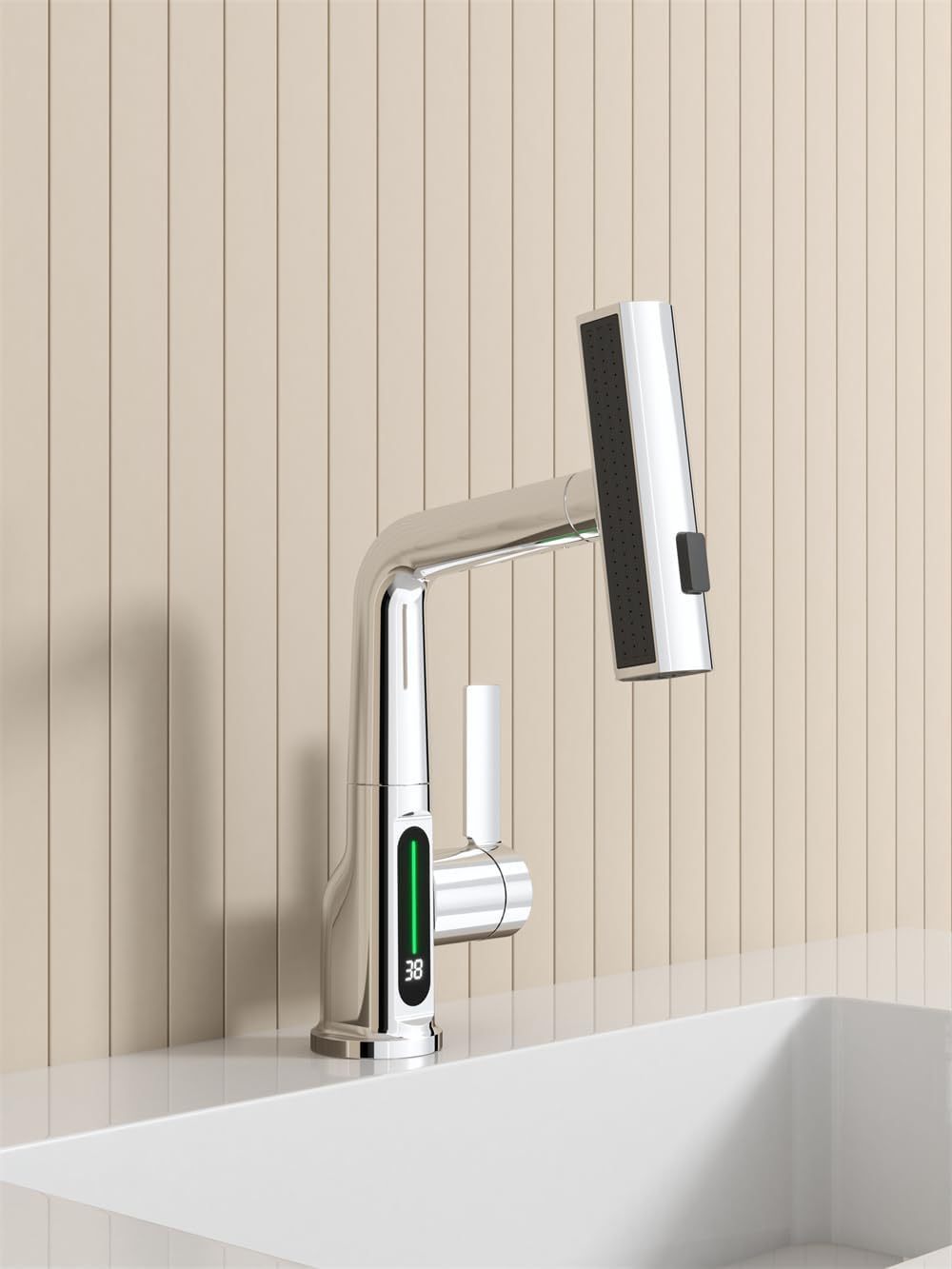 LED Temperature Display Basin Faucet with Pull-Out Lift and Waterfall Spout