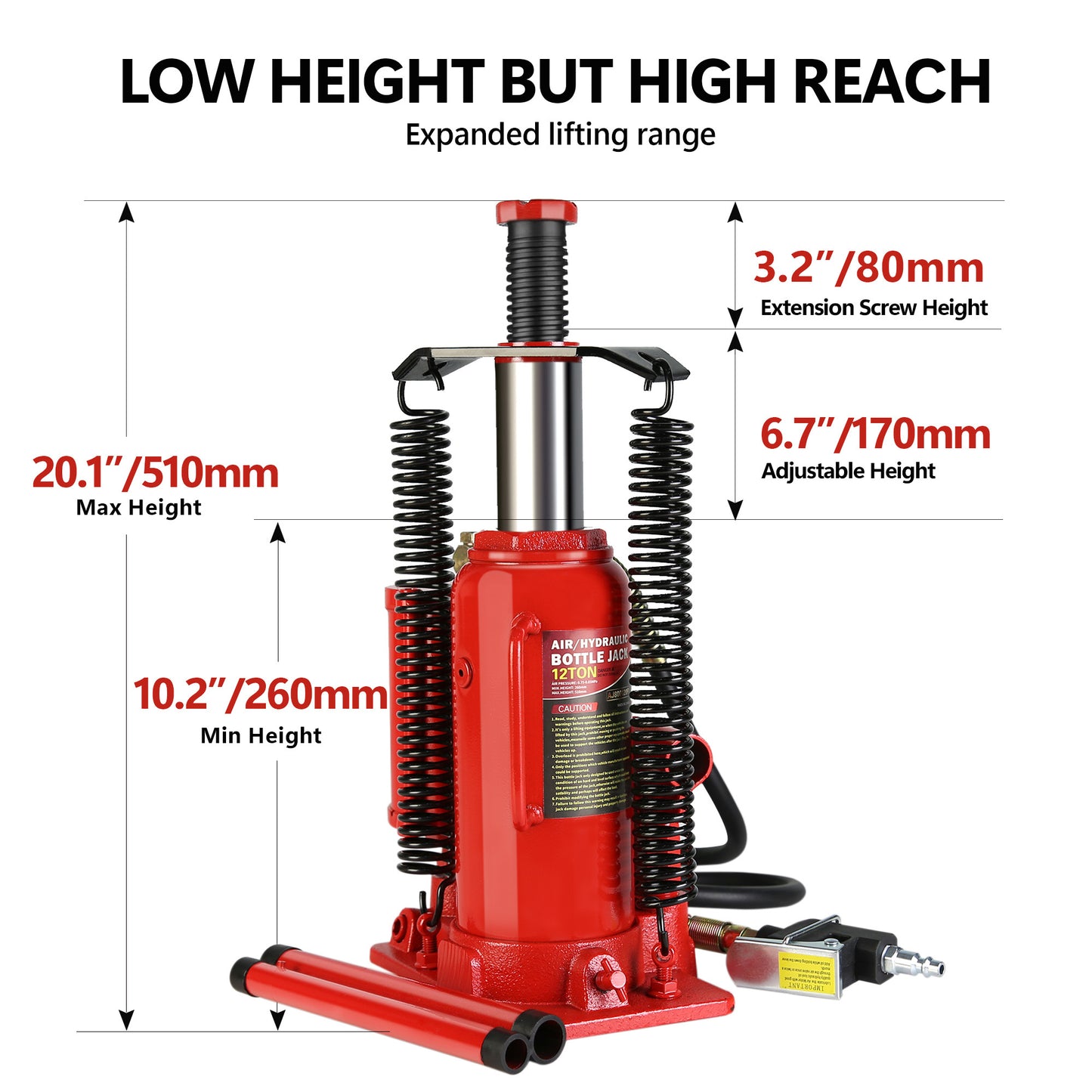 12-Ton Air Hydraulic Bottle Jack with 2-Section Long Handle