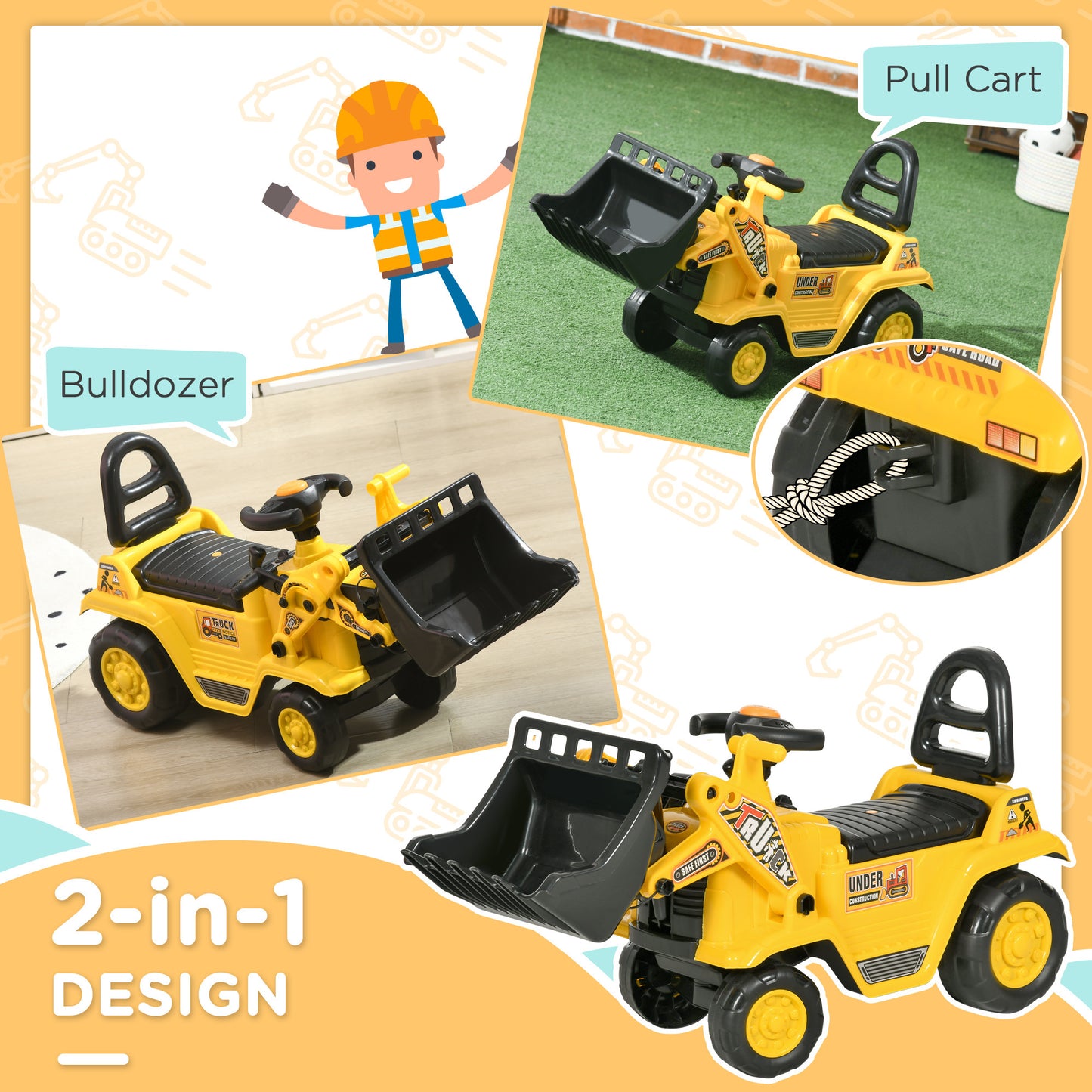 Ride On Excavator with Under Seat Storage, Pull Cart Kids Bulldozer for Boys & Girls, Sit and Scoot Construction Toy with Horn, Front Loader Shovel, for Sand and Snow, Ages 3 Years Old