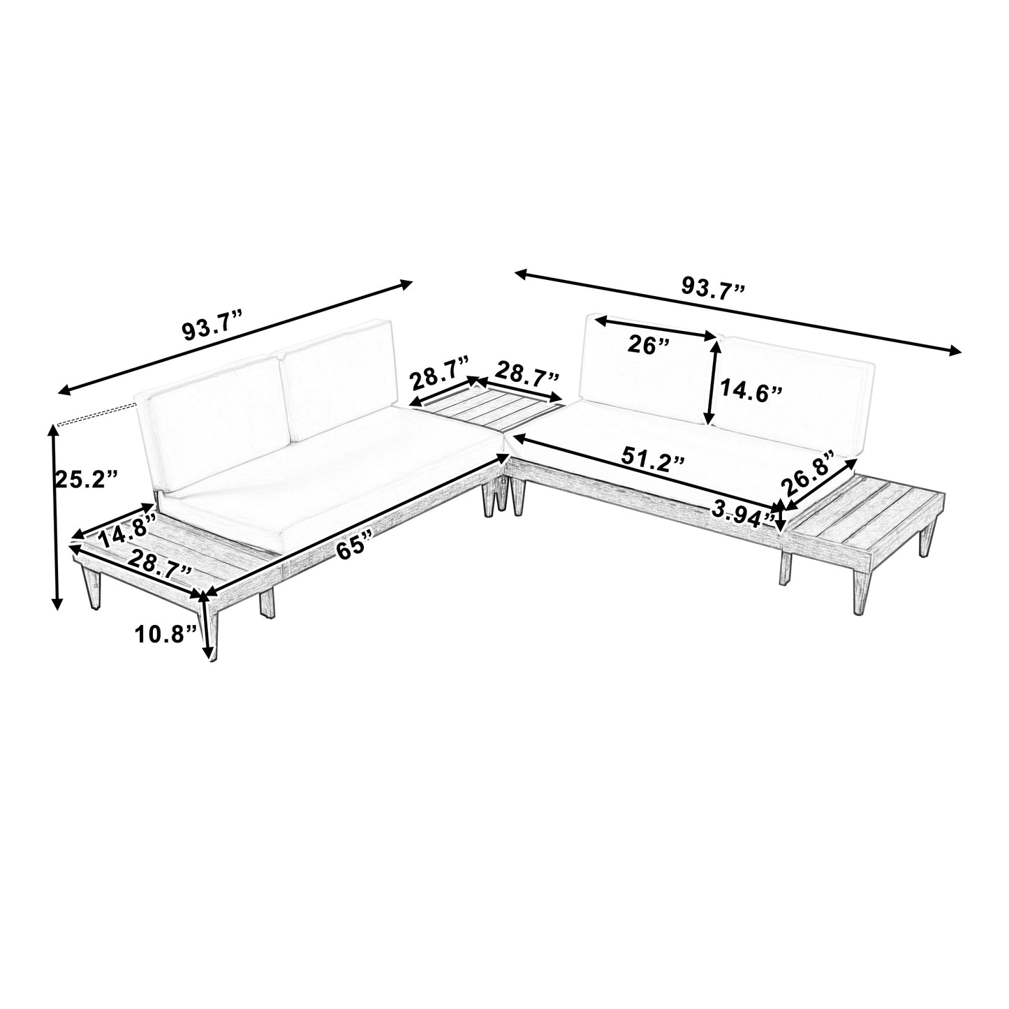 3-Piece Acacia Wood Patio Furniture Set with Conversation Sectional Sofa and Side Tables, Grey+Beige