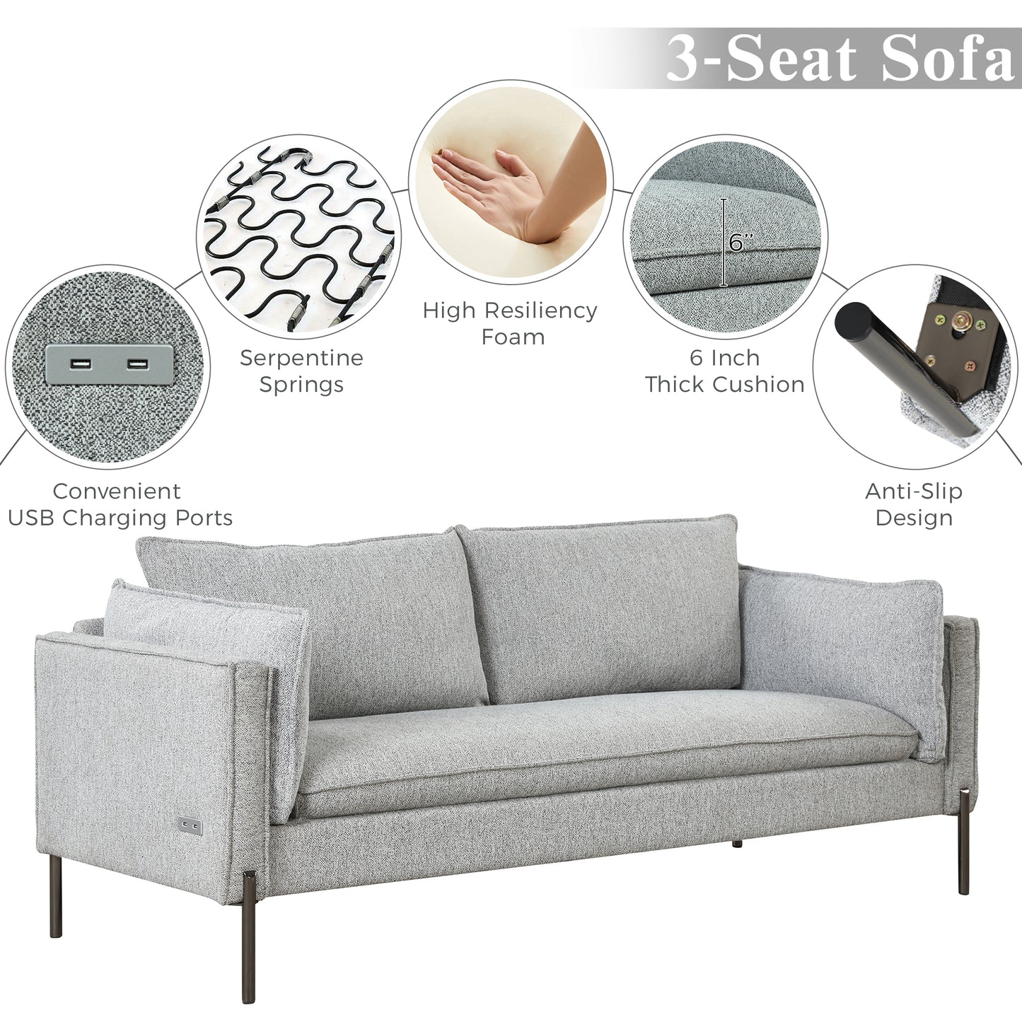 Modern Linen Fabric Upholstered Loveseat and 3-Seat Couch Set with USB Charging Ports