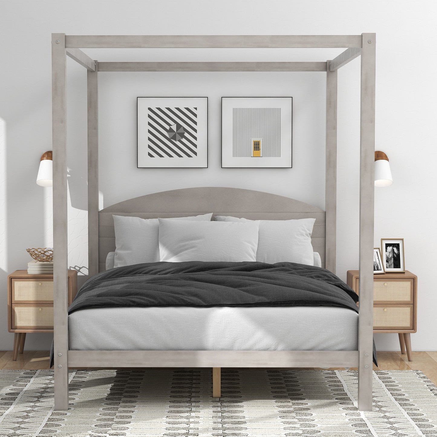 Queen Size Canopy Platform Bed with Headboard and Support Legs,Grey Wash