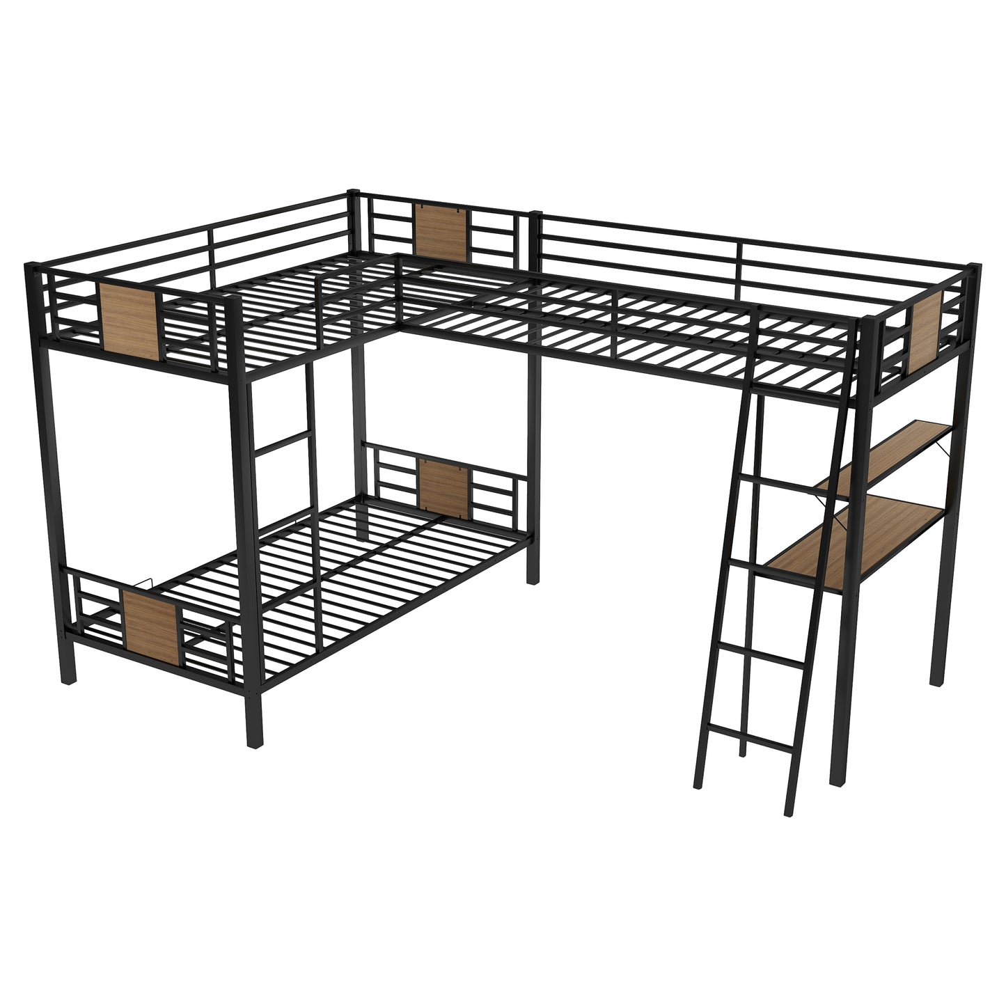 L-Shaped Bunk Bed and Loft Bed Set with Desk and Shelves in Brown