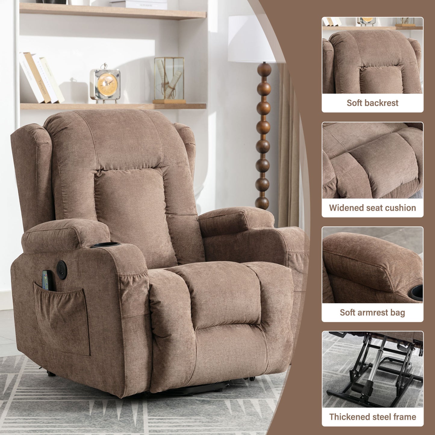 Electric Power Lift Recliner Chair with Heat and Massage for Seniors - Brown