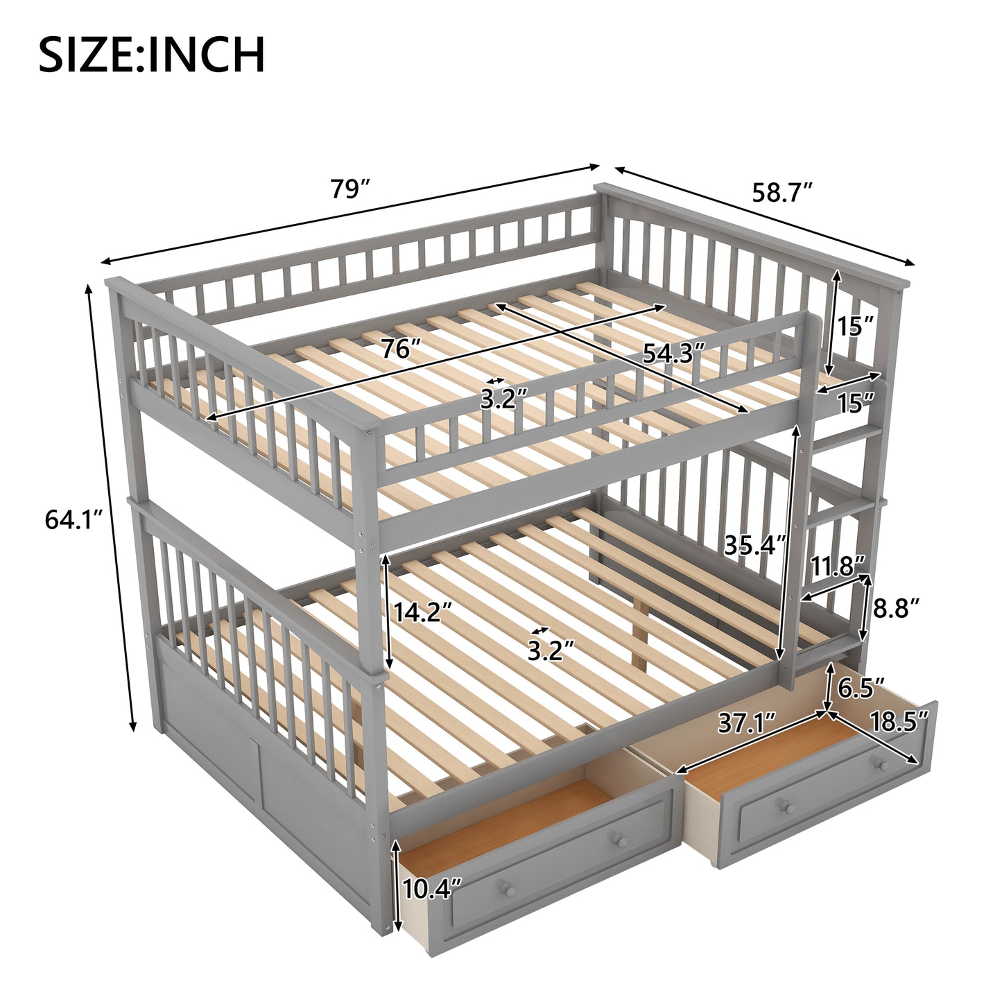 Gray Twin over Twin Bunk Bed with Convertible Drawers