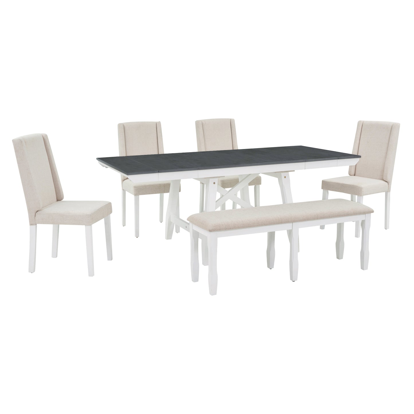 TREXM 6-Piece Classic Dining Table Set, Rectangular Extendable Dining Table with two 12"W Removable Leaves and 4 Upholstered Chairs & 1 Bench for Dining Room (Gray+White)