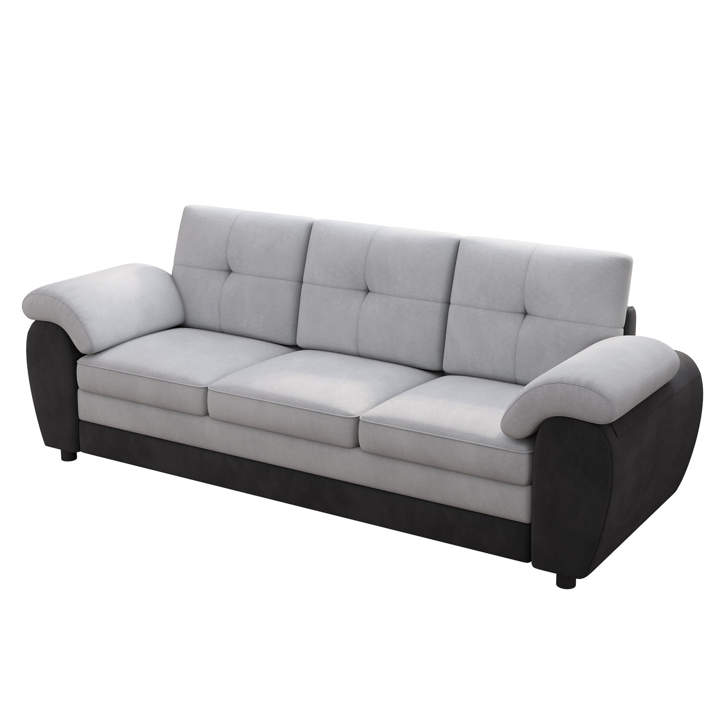 81.9 Inch Large Three-Seat Sofa, Modern Upholstered in Black Leather and Light Gray Velvet