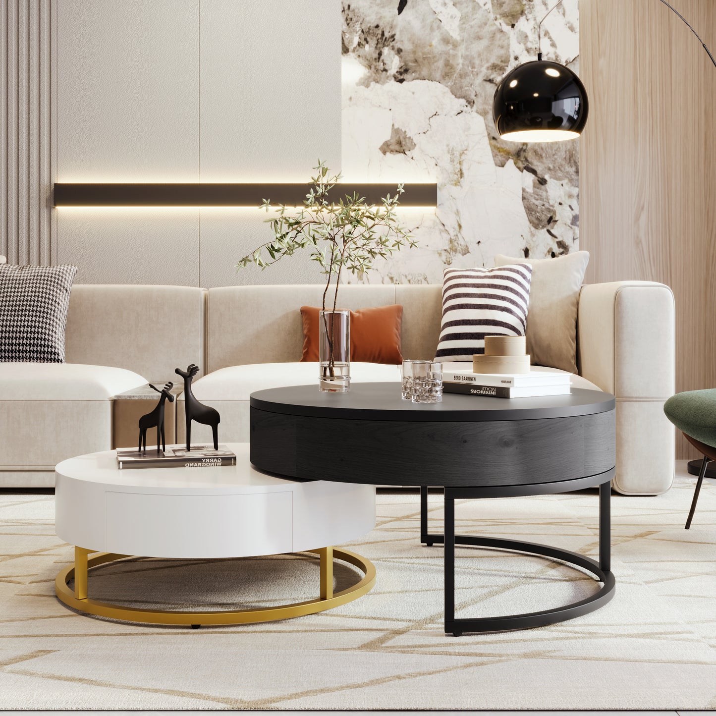 Contemporary 2-Drawer Lift-Top Round Coffee Tables in White & Black