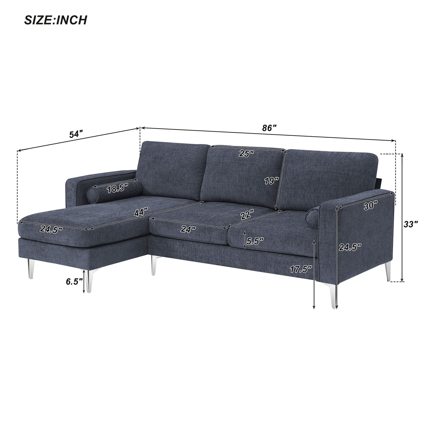 86 Modern Chenille Fabric Convertible Sectional Sofa with Reversible Chaise and 3-Seat Design