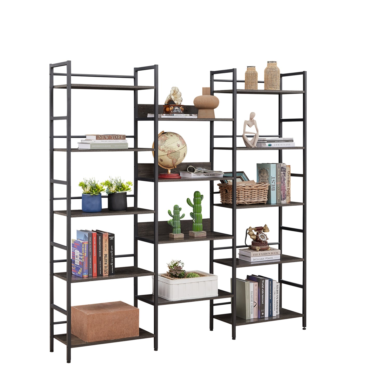 Triple Wide 5-shelf Bookshelves Industrial Retro Wooden Style Home and Office Large Open Bookshelves, Dark Grey, 69.3’’W x 11.8’’D x 70.1’’H