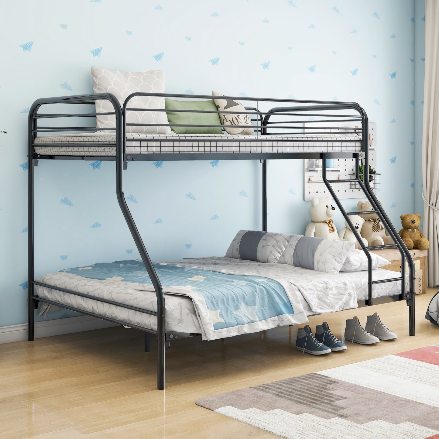 Solid Black Metal Twin-Over-Full Bunk Bed with Upgraded Safety Features