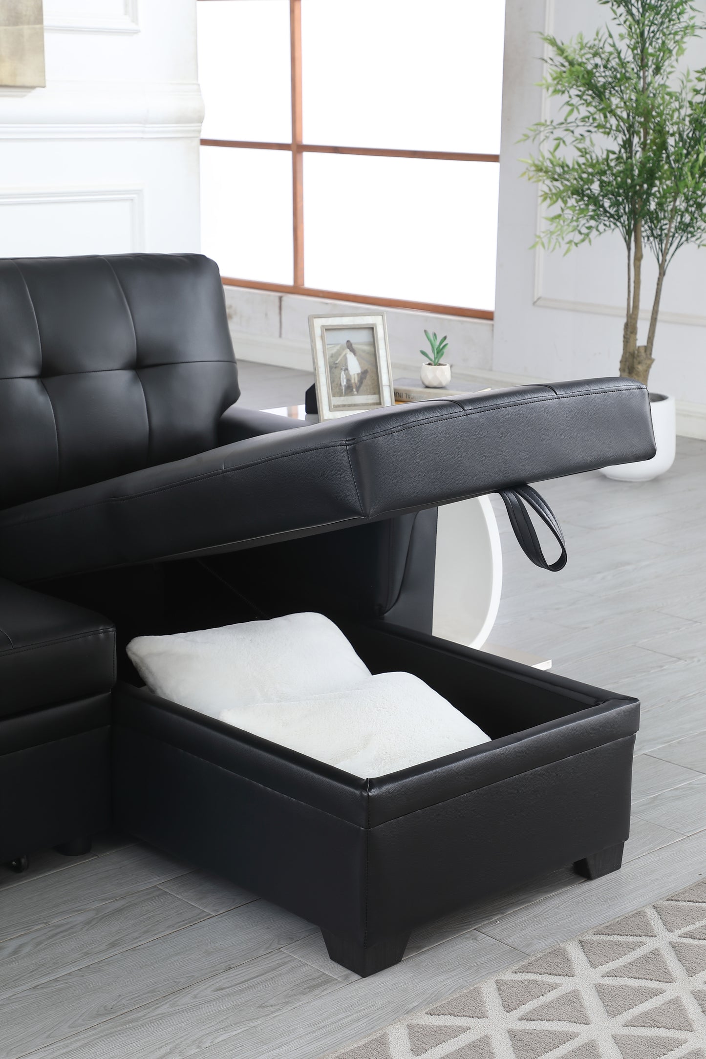 Lexi Modern Black Vegan Leather Sectional Sofa with Sleeper and Storage Chaise