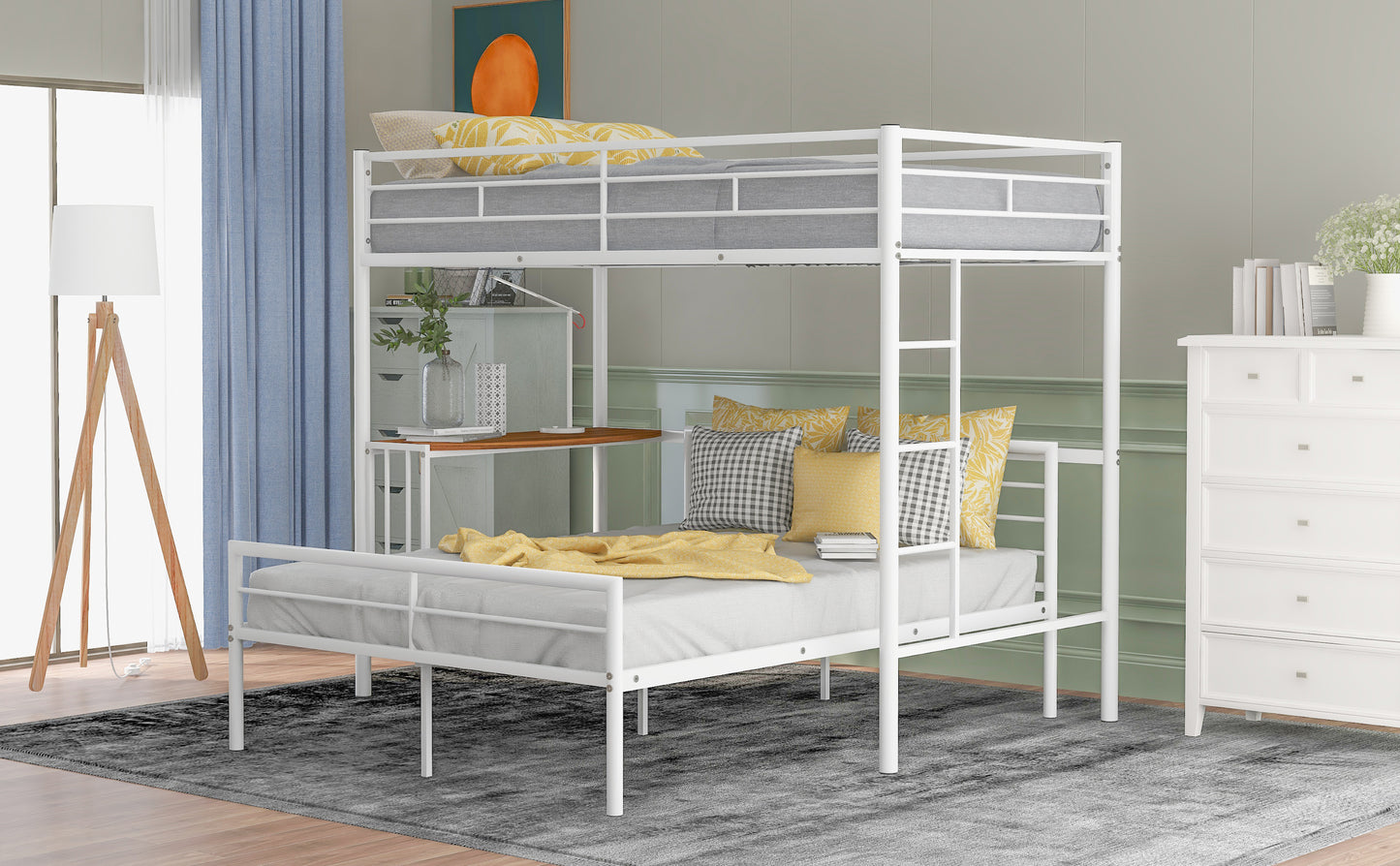 Metallic White Twin Over Full Bunk Bed with Desk and Ladder