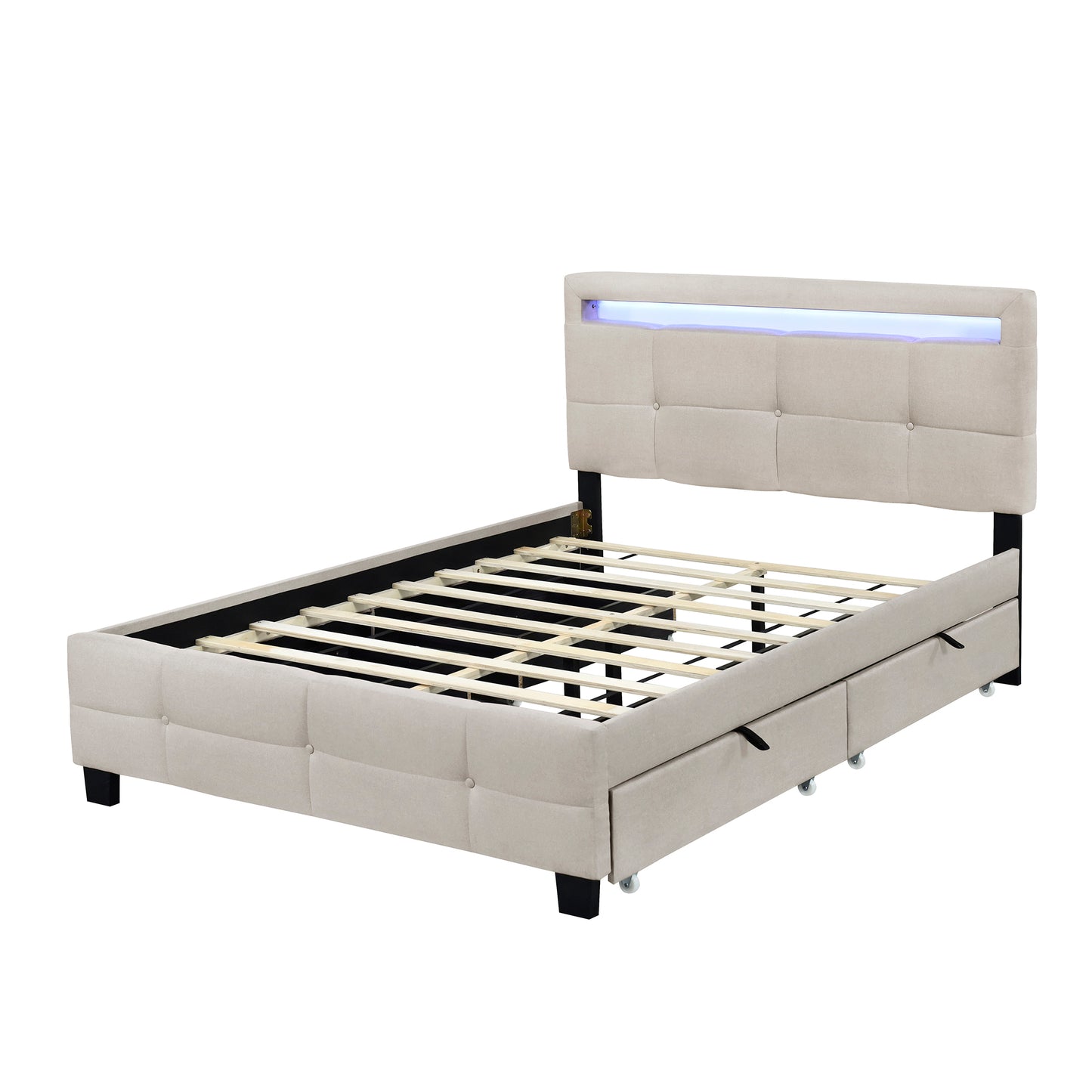 Full Size Upholstered Platform Bed with LED Frame and 4 Drawers, Linen Fabric, Beige