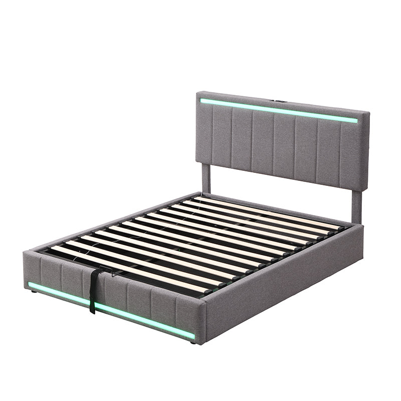 Full Size Upholstered Platform Bed with Hydraulic Storage System, LED Light, and a set of USB Ports and Sockets, Linen Fabric, Gray