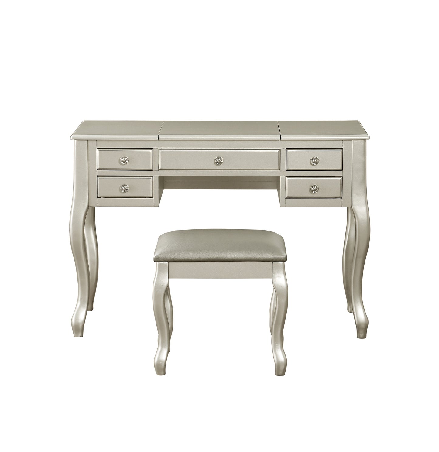 Classic Vanity Set w Stool Silver Color Drawers Open-up Mirror Bedroom Furniture Unique Legs Cushion Seat Stool Vanity