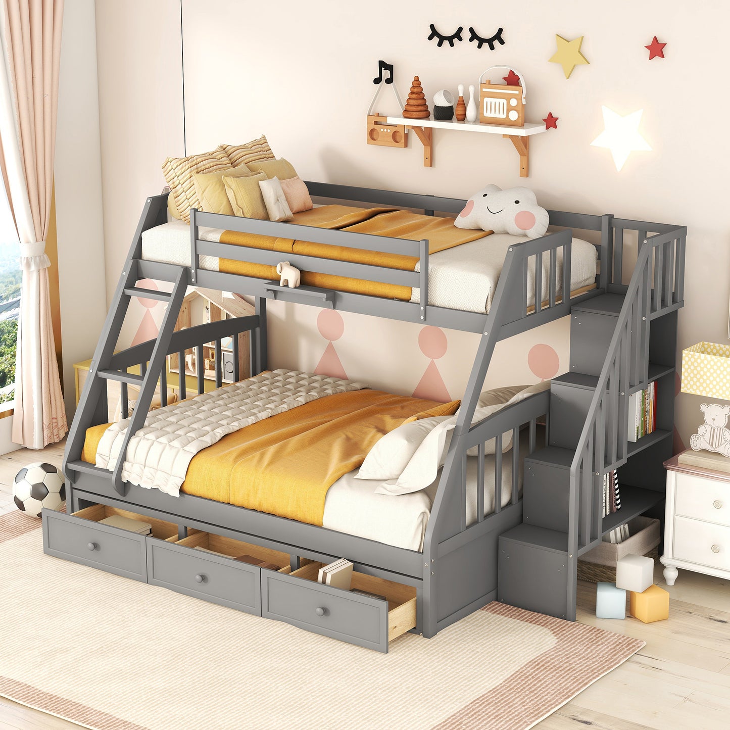 Gray Twin-Over-Full Bunk Bed with Storage Staircase, Ladder, and Drawers