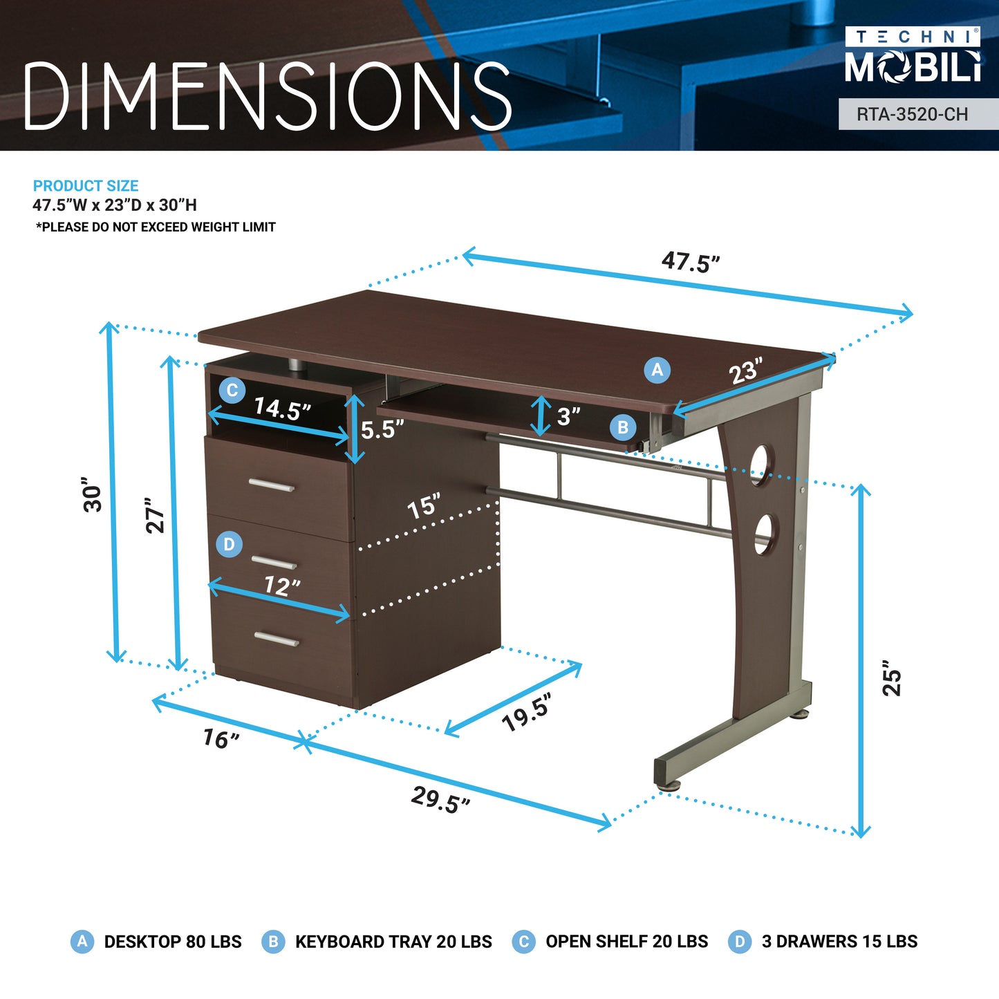 Stylish Chocolate Computer Desk with Spacious Storage