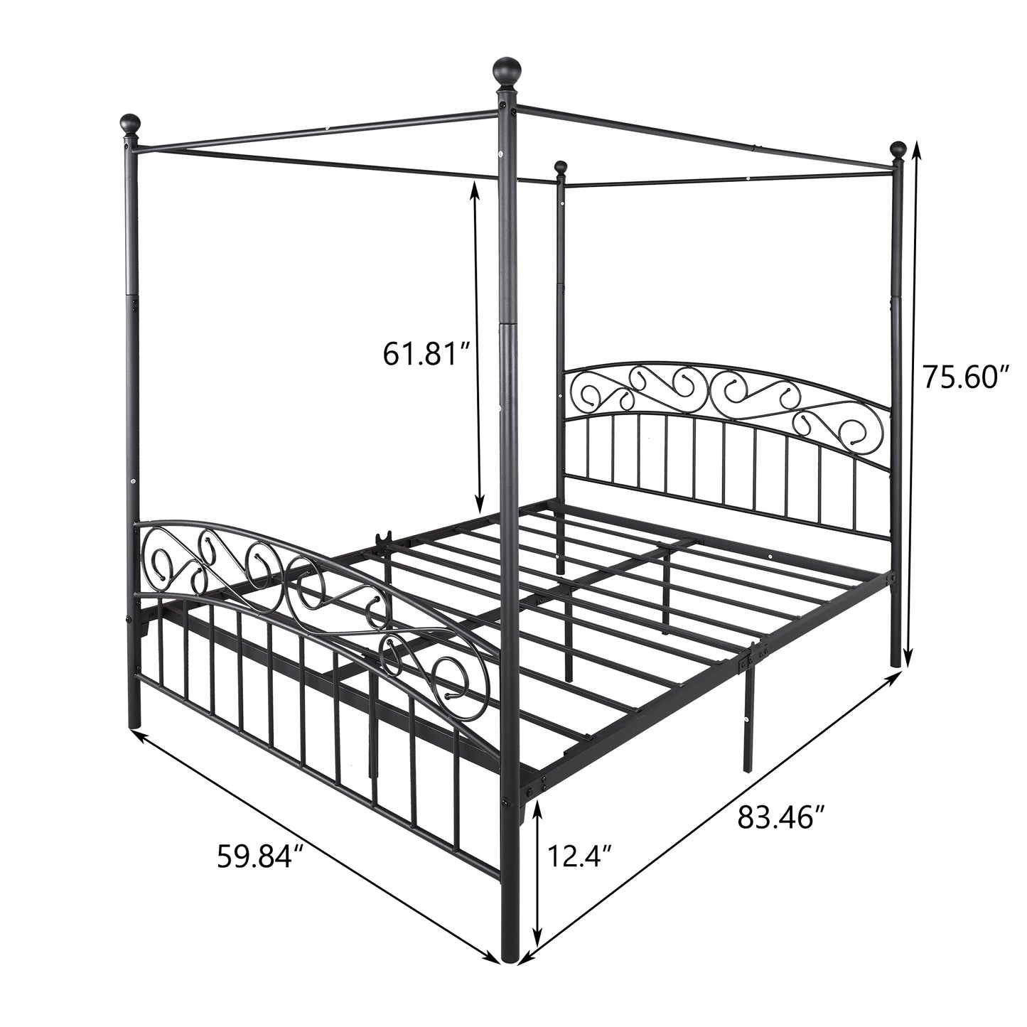 Queen Size Metal Canopy Bed Frame with Headboard and Footboard Black