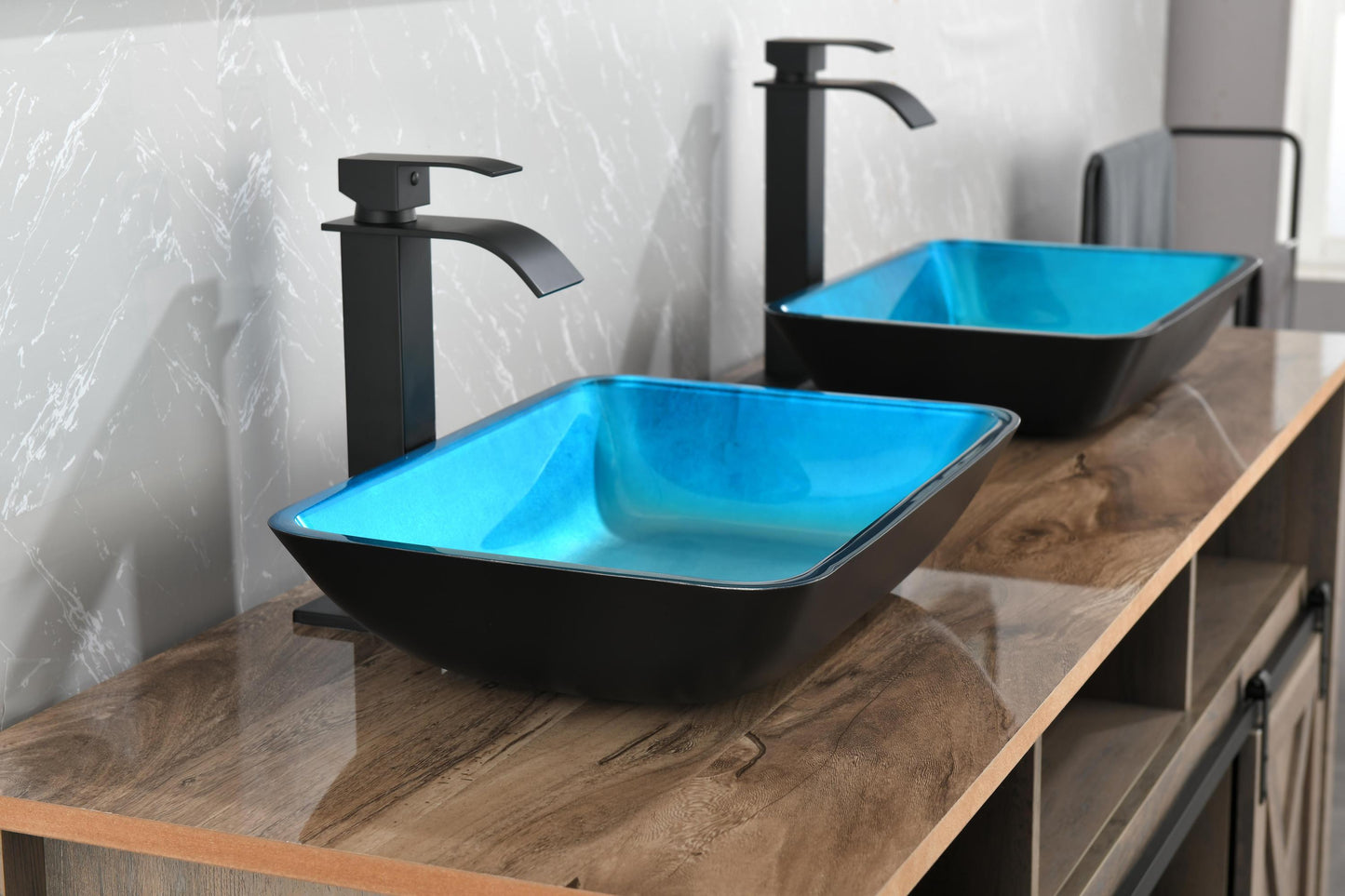 Handcrafted Turquoise Glass Vessel Sink Set with Matte Black Faucet