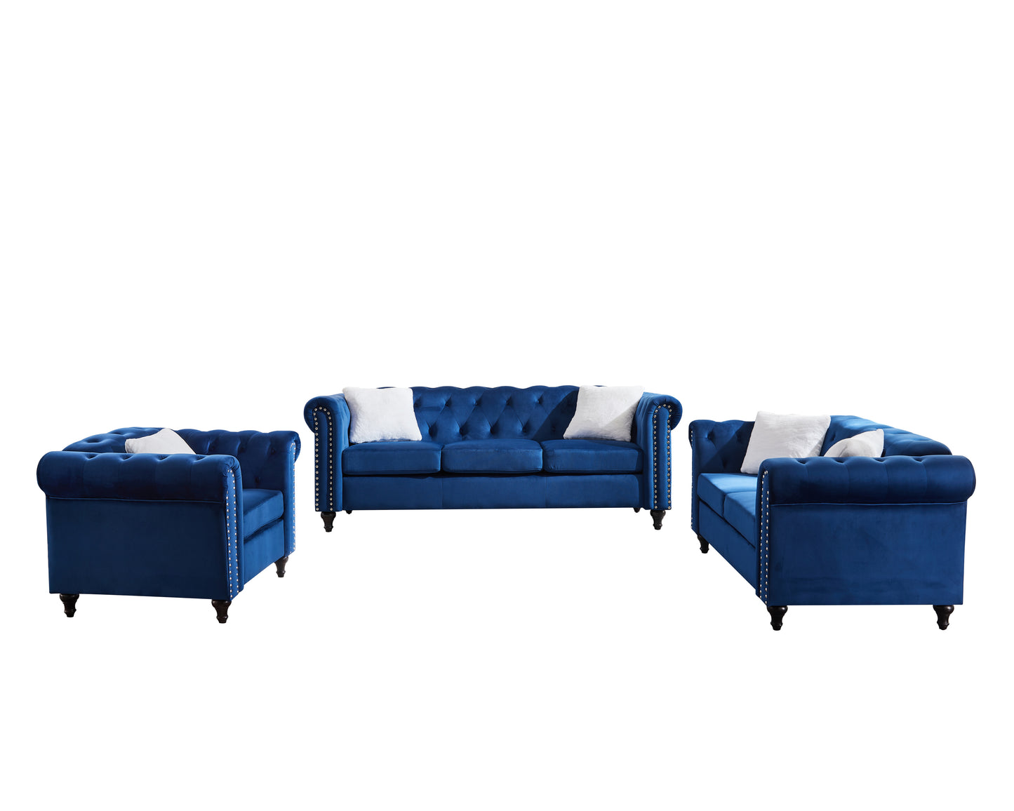 Blue Velvet 3 Piece Living Room Sofa Set with Button Tufting and Copper Nail Accents