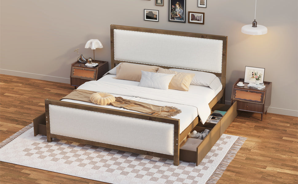 Queen Size Upholstered Platform Bed with Wood Frame and 4 Drawers, Natural Wooden+Beige Fabric