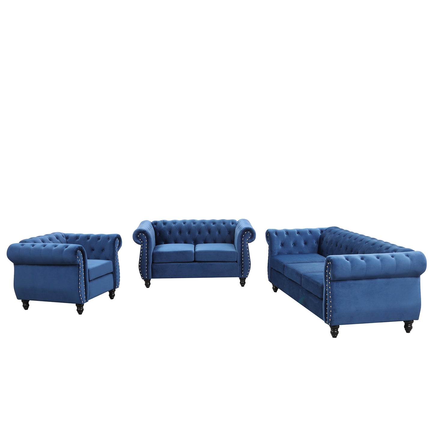 Modern three-piece sofa set with solid wood legs, button-down tufted backrest, Dutch velvet upholstered sofa set including three-seater sofa, two-seater and living room furniture set Single chair