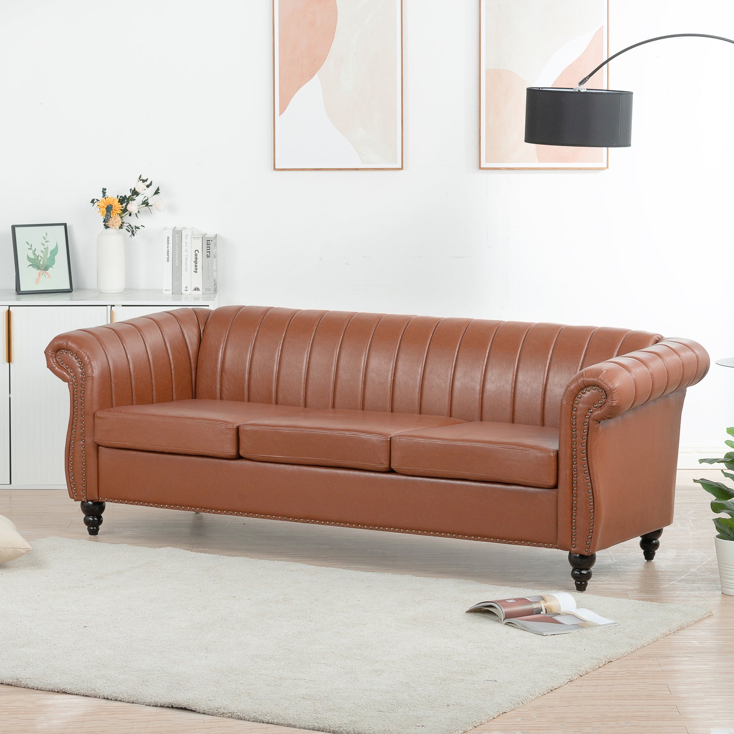 83.46 Elegant Brown Pu Rolled Arm Chesterfield Three Seater Sofa