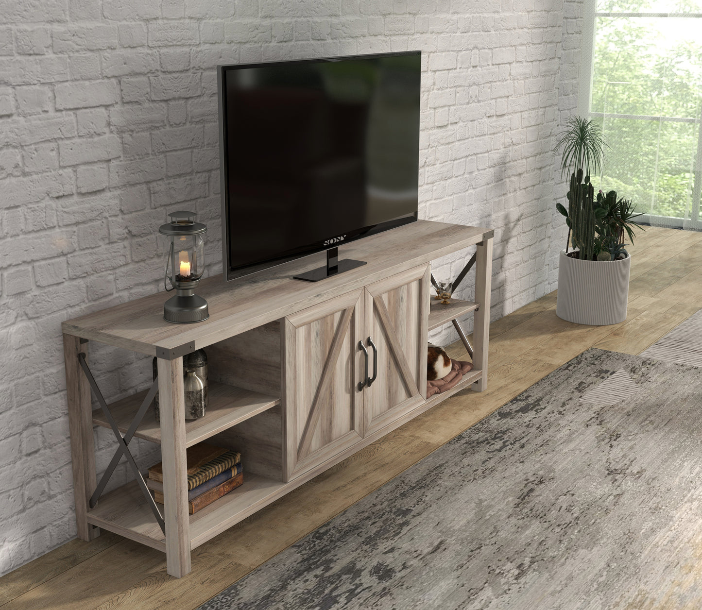 Rustic Grey Walnut TV Stand with Storage Shelves and Cabinets