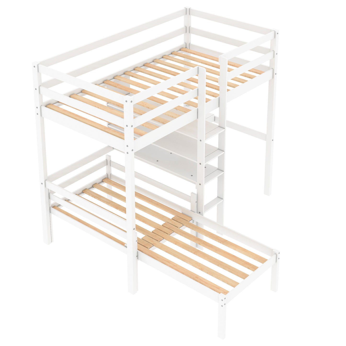 Convertible Loft Bed with L-Shaped Desk and Twin Bunk Bed in White Finish - Space-Saving Bedroom Solution