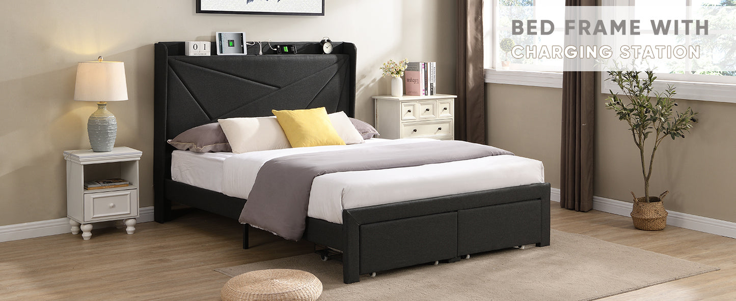 Full Size Bed Frame with 2 Storage Drawers, Upholstered Bed Frame with Wingback Headboard Storage Shelf Built-in USB Charging Stations and Strong Wood Slats Support, No Box Spring Needed, Dark Gray