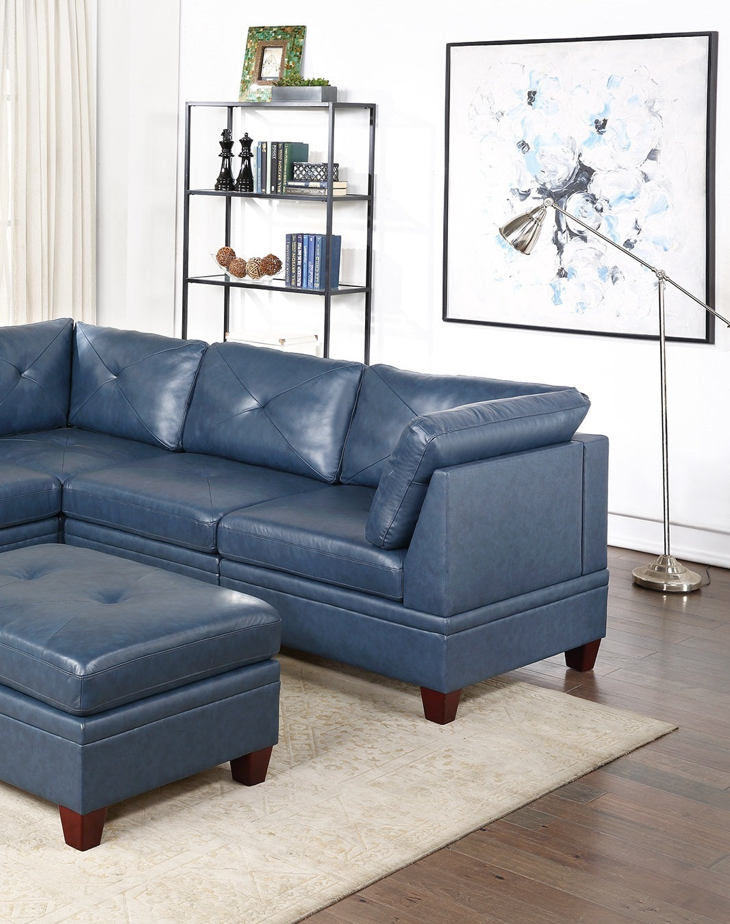 Ink Blue Genuine Leather Modular Sofa Set with Tufted Back and Ottoman