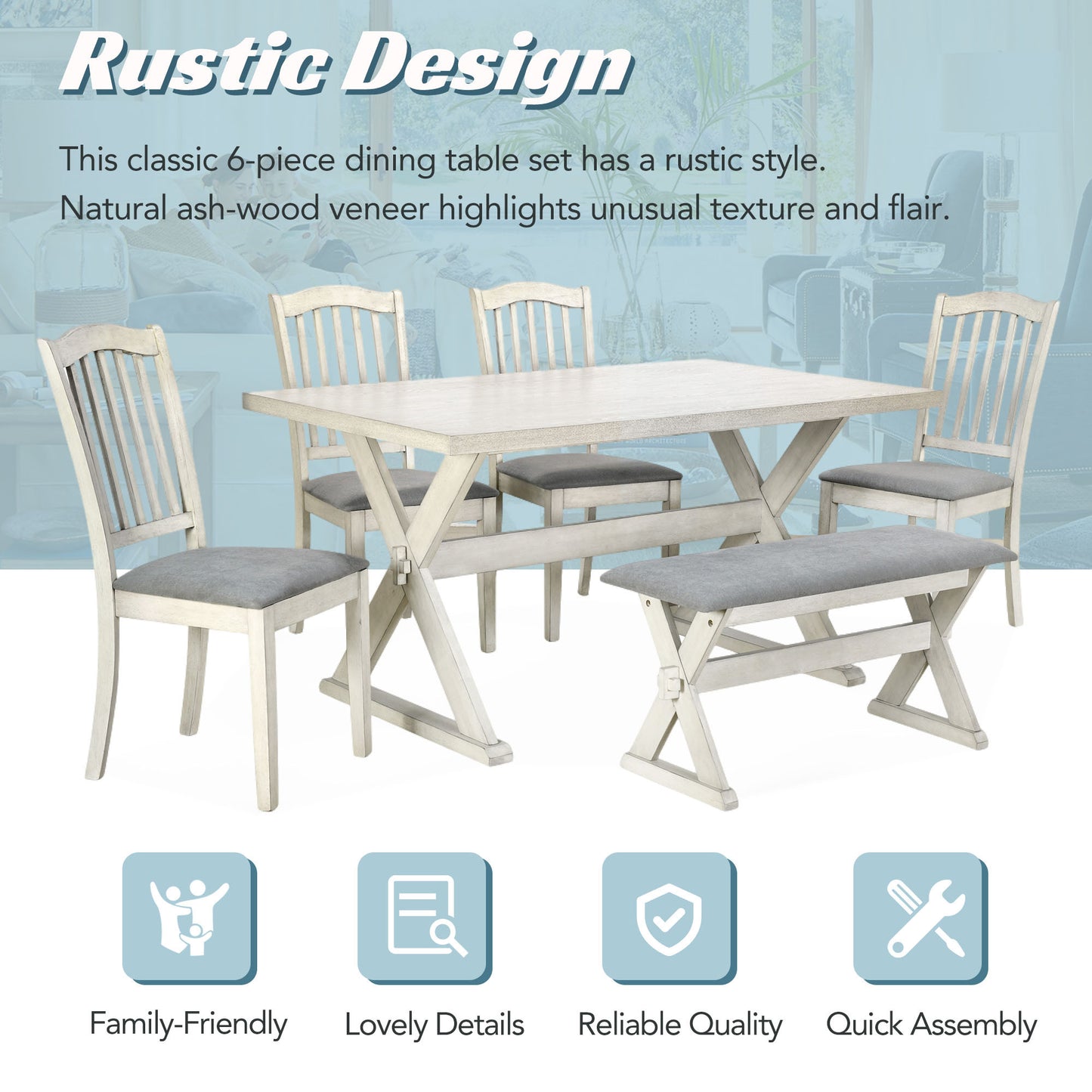 TREXM 6-Piece Rustic Dining Set, Rectangular Trestle Table and 4 Upholstered Chairs & 1 Bench for Dining Room (White Washed)