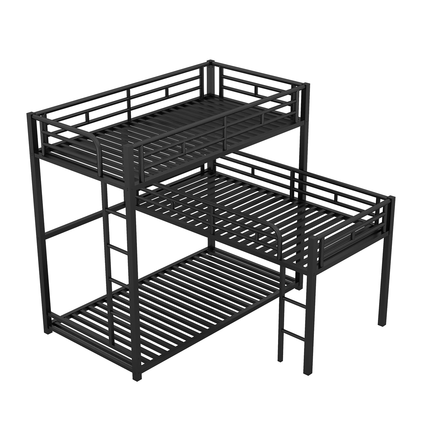 Black Metal Triple Bunk Bed with Desk and L-shaped Design