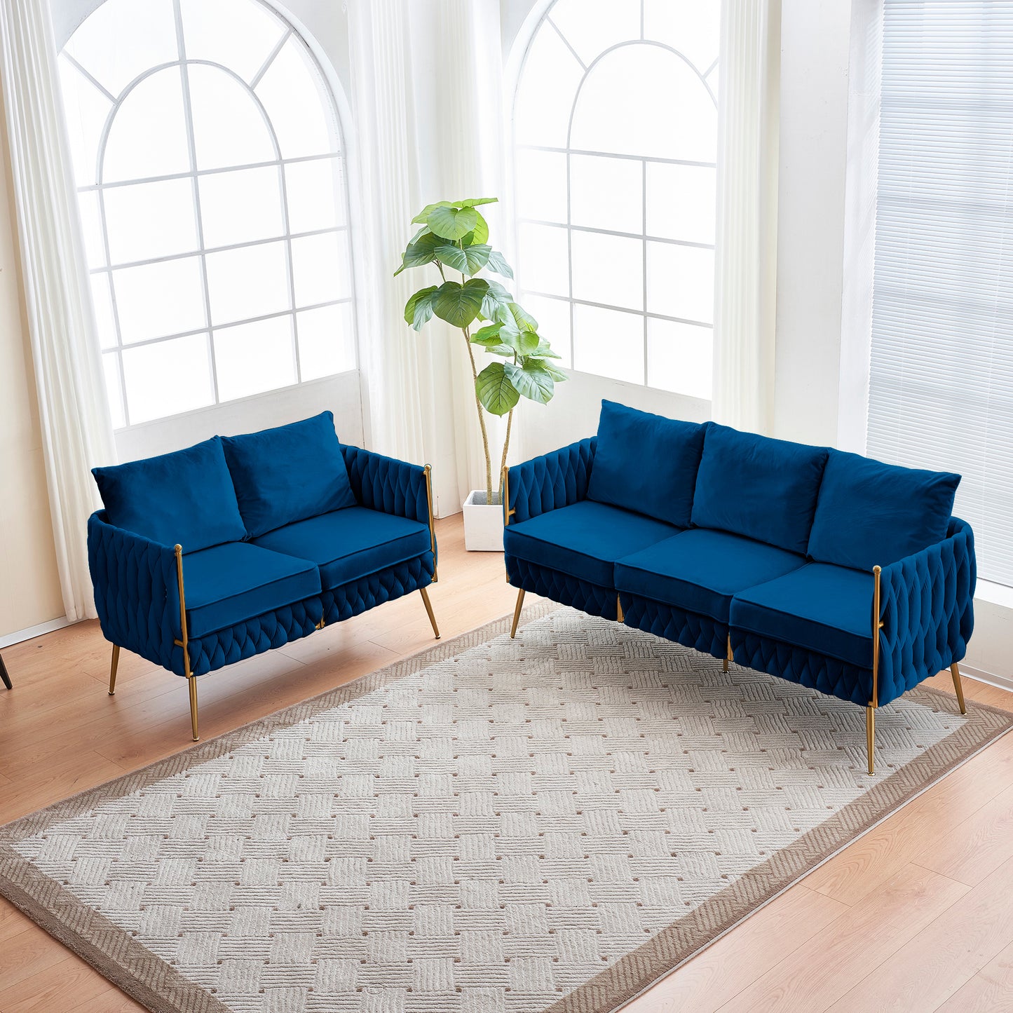 Handmade Woven 2-Piece Blue Velvet Sofa Set with Metal Frame