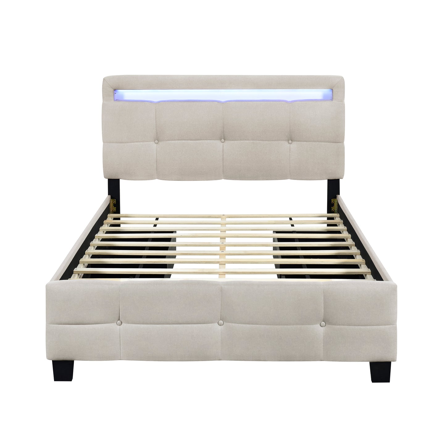 Full Size Upholstered Platform Bed with LED Frame and 4 Drawers, Linen Fabric, Beige