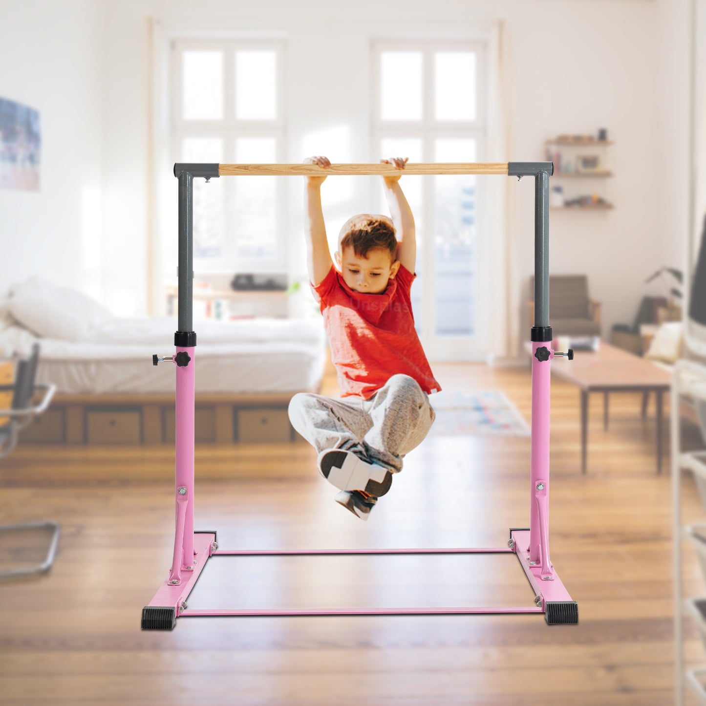 Pink Adjustable Gymnastics Horizontal Bar Set for Kids Home Use