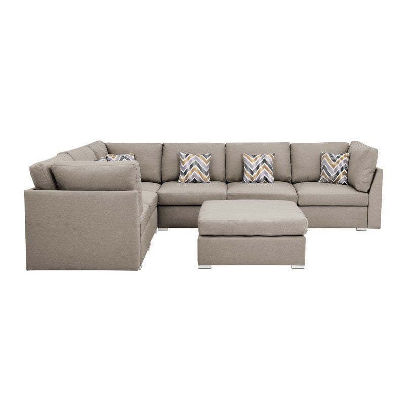 Amira Beige Fabric Modular Sectional Sofa Set with Ottoman and Pillows