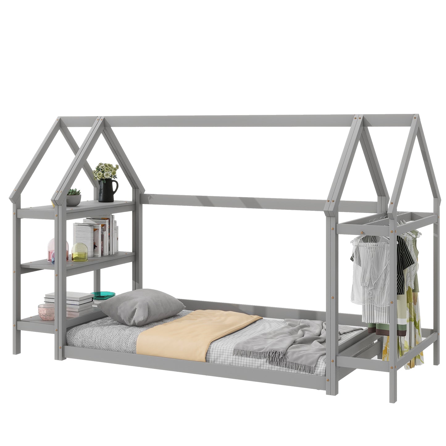 Twin House-Shaped Floor Bed with 2 Detachable Stands,Grey