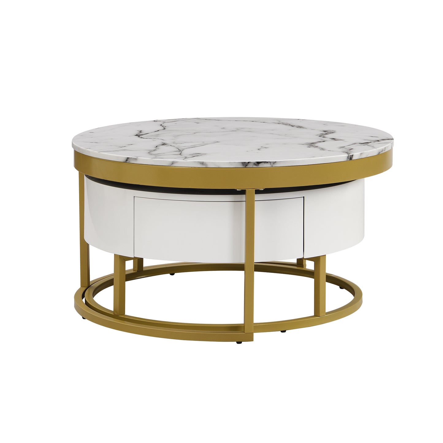 Contemporary White and Gold Nesting Coffee Table with Storage Drawers