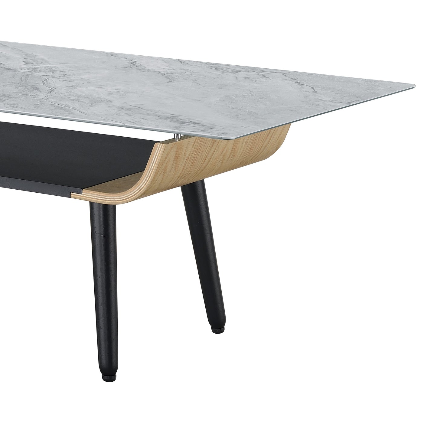 Landon Coffee Table with Gray Marble Glass Top and Unique Bent Wood Design