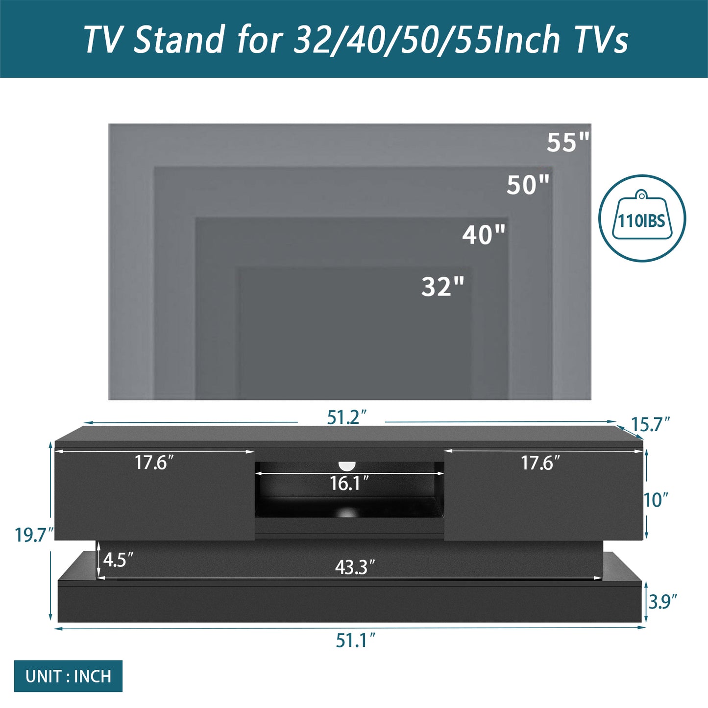 51.18in Black LED TV Stand with High Glossy Front Cabinet